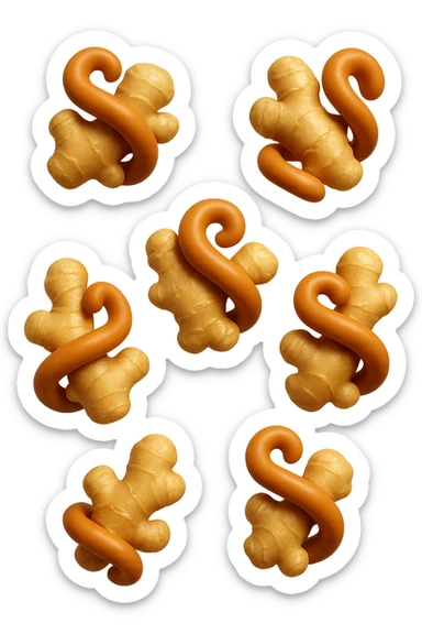 emoji stile iphone 3d di 6 piccoli pezzi di zenzero che fluttuano in aria con pezzi di colon arrotolati intorno, iperrealistico 4k sticker