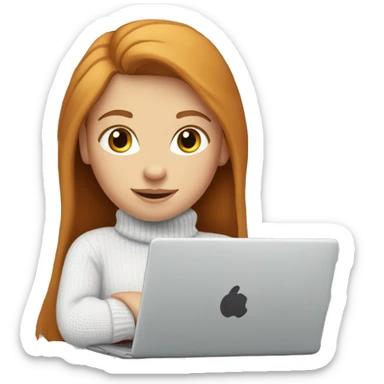 ginger girl with straight long hair and blue eyes in turtle neck white sweater working on a laptop sticker