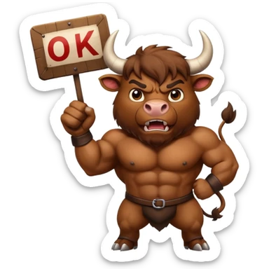 Angry powerful bull emoji holding a sign with the words OK in front of it sticker