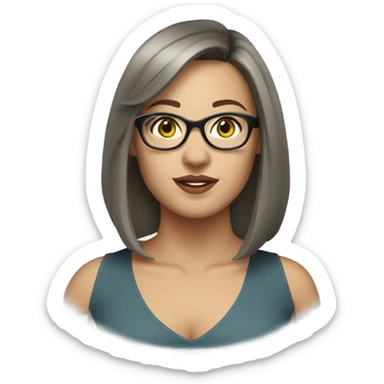 White young curvy woman with shoulder length brown hair, sideswept bangs, grey-green eyes, singer, blue glasses sticker