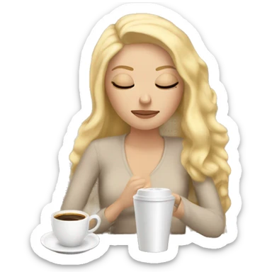 White Girl with blonde hair sipping coffee with eyes closed and beige blanket around head laying down on couch  sticker
