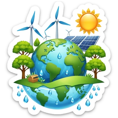 An icon featuring a green Earth, a tree, recycling symbols, and renewable energy sources like wind turbines, solar panels, and hydropower. The design includes animals, water droplets, and the sun, representing ecology, sustainable energy, and environmental protection. Transparent background. sticker
