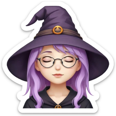 cute anime girl with closed eyes with lilac hair in witch hat and glasses sticker