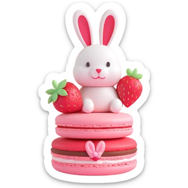 3D ios style macaron with strawberry and a bunny on top, pink color sticker