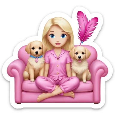 A blonde girl with blue eyes and pink lips with slightly plump cheeks in pink pajamas with feathers sits on a sofa with soft pillows and two Spitz dogs and one Labrador, beige dogs. sticker