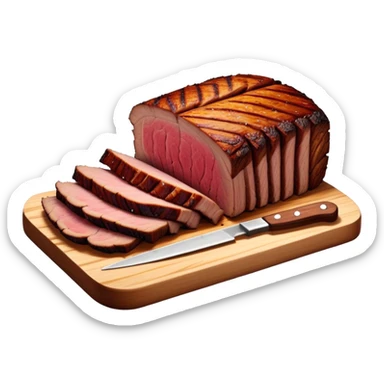 Cinematic smoked brisket, deep mahogany crust, perfectly sliced to reveal juicy marbled meat, warm smoky aroma, served on a wooden board, rich and flavorful, ultra-detailed and appetizing. sticker
