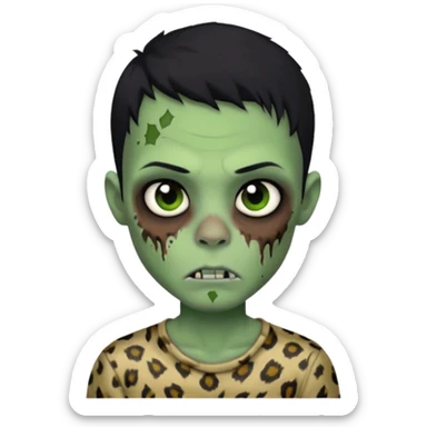 Zombie boy with green skin and sleepy eyes and scars on his face and a shirt that has cheetah texture and black hair sticker
