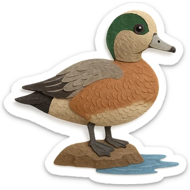 close-up of an American Wigeon in paper craft style, fine paper edges, subtle feather patterns, expressive eye, standing on a rock by water sticker