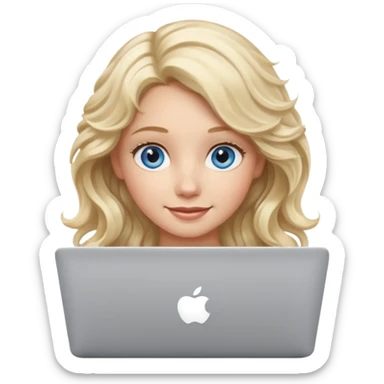 blond girl, blue eyes, hair wavy, , behind her silver colored laptop from apple, she looks straight infront of her, looks a bit taller sticker