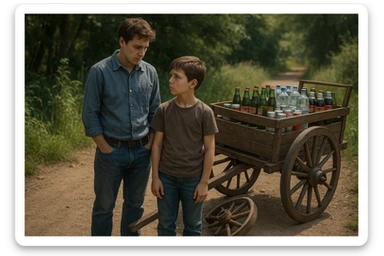 Bir g'ildiragi singan ichimliklar ortilgan arava uning yonida aka uka bir biriga havotirli nigoh bilan qarab turibdi realistik uslubda sticker