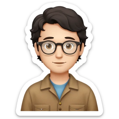 Young caucasian man with black wavy hair, round glasses, wearing brown carpenter outfit with shirt underneath sticker