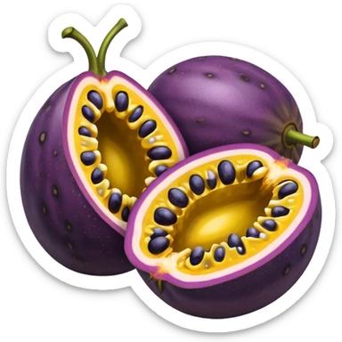 whole round purple passion fruit with slightly wrinkled matte skin next to halved piece showing vibrant yellow pulp with glossy black seeds juicy jelly-like texture bold contrast between rind and interior no leaf spoon or extras soft lighting subtle shadows emoji scale sticker