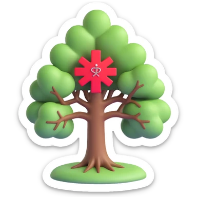 3D style full color tree with a small red medical plus in the middle, representing hospital or health sticker