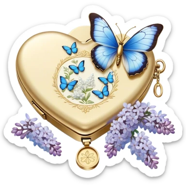 A golden locket, resting beside an ivory envelope sealed with a pearl wax stamp, is surrounded by delicate blue butterflies and cascading white lilacs. A vintage perfume bottle with intricate floral engravings sits nearby, its fragrance lingering in the air. sticker
