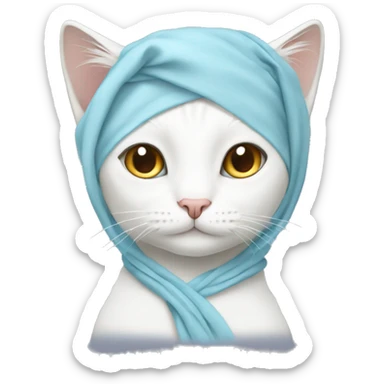 White female cat wearing a light blue wrap around headscarf with long eyelashes sticker