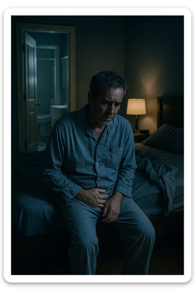 A nighttime scene inside a dimly lit bedroom. A man in his 50s sits stanco sul bordo del letto, con lo sguardo perso nel vuoto, mentre una luce fioca proviene dalla lampada sul comodino. Indossa un pigiama spiegazzato, e si tiene leggermente la zona bassa dell’addome. Dietro di lui, il letto è visibilmente disfatto, segno di sonno interrotto. Una porta socchiusa sullo sfondo mostra la luce accesa in bagno, con il pavimento riflettente che indica i numerosi passaggi notturni. Il tono è cupo ma realistico, con colori freddi, blu e grigi, e un leggero bagliore lunare che filtra dalla finestra. Stile: 35mm film, profondità emotiva, dettaglio ambientale. in italiano sticker