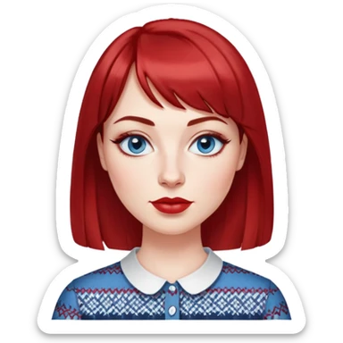 Woman in her 30s with clear white skin, oval face, large blue eyes with eyeliner, thin eyebrows, small nose, medium lips with red lipstick, dark red straight hair with bangs, wearing a red and white patterned shirt, friendly expression sticker