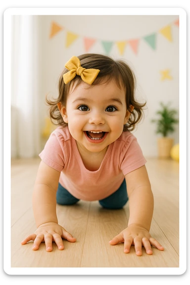 a young girl crawling toward the camera, playful, smiling, hands extended sticker