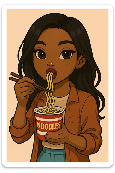Change the pose to a 20-year-old anime Bratz style woman with dark skin, straight hair, trendy outfit, big expressive eyes, glossy lips, no hat, no tears, happy expression, looking straight ahead, eating a cup of noodles with chopsticks, headshot only. sticker