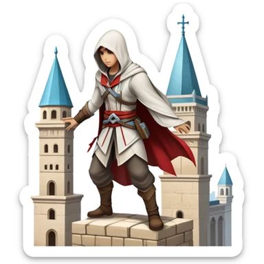 An icon representing an adventure game, inspired by Assassin's Creed. The design features a heroic character in hooded attire, scaling a tall building in a historical cityscape. The background shows ancient architecture and hidden symbols, symbolizing exploration and stealth. Transparent background sticker