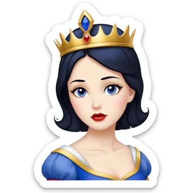 Cinematic Timeless Snow White Portrait Emoji, rendered in a clean, vector style. Depict Snow White with flawless porcelain skin, elegantly styled raven hair, and a serene, graceful expression, dressed in her classic blue and gold ensemble. The design features bold, simplified shapes, a soft, enchanting glow, and a subtle glowing outline, epitomizing pure, timeless beauty. sticker