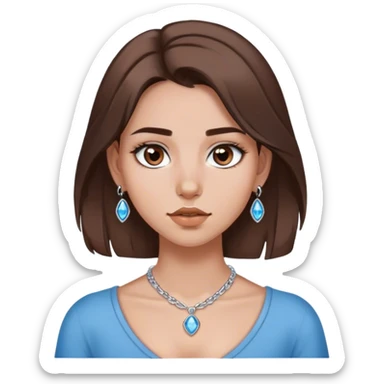 Girl with medium length brown hair, brown eyes, and silver septum piercing, silver earrings, and silver necklace with blue gem sticker