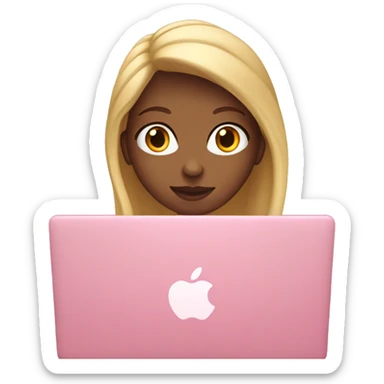 Girl with blond long  hair and  typing on pink MacBook  sticker