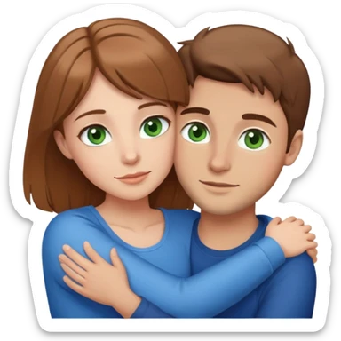 cute couple hugging, girl with light brown hair and green eyes, guy with brown hair and blue eyes sticker