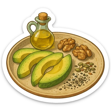 plate with avocado, nuts, olive oil, and seeds in ghibli style sticker