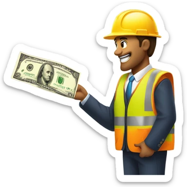 A construction worker giving money to a man in a suit.  sticker