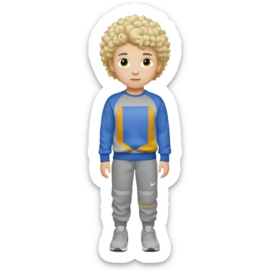A kid with blonde hair and a perm, Grey ESSENTIALS sweater, gray Nike shoes, Grey pants and he is white. sticker