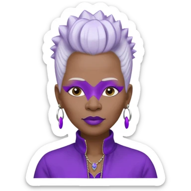 57yr old Qeen black woman with long oval shaped face with a white colored  natural hair mohawk style haircut adorning purple royalty clothing and purle lipstick, with 2 nose rings sticker