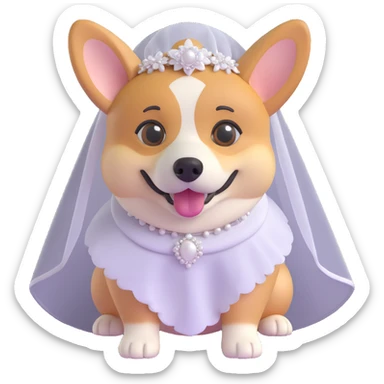 adorable female corgi in a wedding veil, 3d emoji style, hint of realism in eyes and nose sticker
