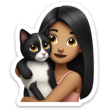 Tanned woman with long black hair hugging a black and white cat  sticker