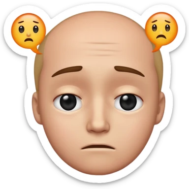 Sad, confused, emoji face not human, black eyes, write the text PION! on forehead sticker