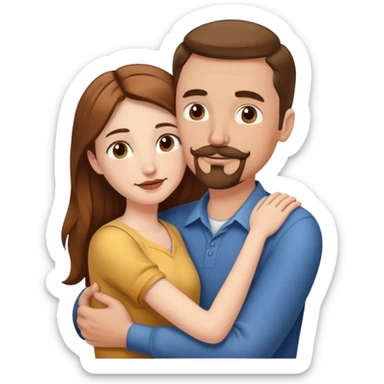 Tall white man with brown mustache goatee hugging a short pale woman with long brown hair sticker