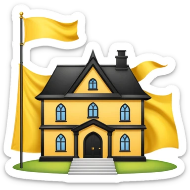 white background, magic school, black roof, with a big flag, big flag on a roof, big yellow flag, white school sticker