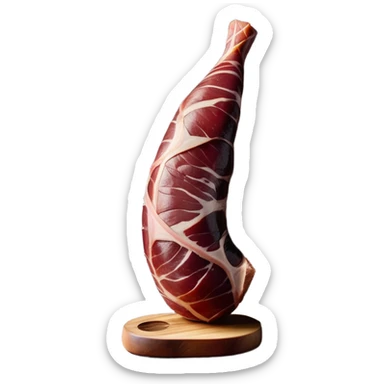 _cinematic-realistic-spanish-ham-leg,-depicted-as-a-massive,-cured-leg-of-jamón-serrano-(ham)-with-a-deep-reddish-brown-hue on the outside,-intricately-marbled-and-slightly-glossy-with-age,-elegantly-displayed-on-a-rustic-wooden-stand-and-bathed-in-warm - jamon prosciutto sticker