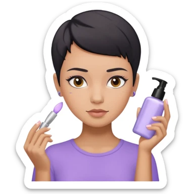 tan girl with pastel purple shirt with black hair & a pixie, doing her skin care sticker