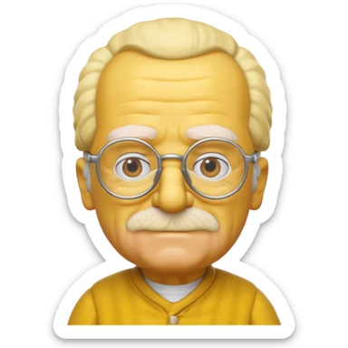 A 3D cartoon close-up of Grandpa Abe Simpson from The Simpsons, rendered in Memoji-style with bald yellow head, white tufts of hair on the sides, wrinkled face, glasses, and warm lighting. Match the Simpsons family color tone and style, yellow dress. sticker