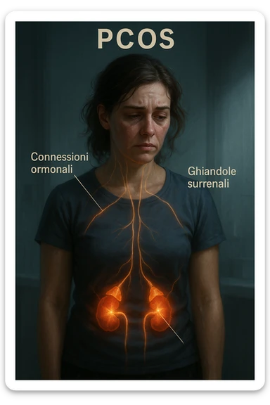realistic and cinematic vertical illustration of a woman with PCOS (polycystic ovary syndrome), stress originating from adrenal glands, adrenal glands highlighted, hormonal connections visible towards the body and face, face showing signs of stress, Italian captions, clinical atmosphere, dramatic lighting, aspect ratio 2:3 sticker