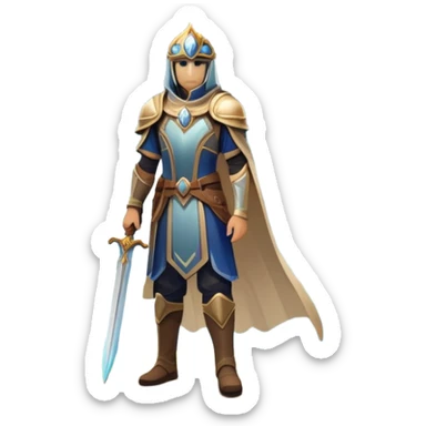 An icon featuring a hero with a closed visor, standing in a majestic, mystical landscape, inspired by RPGs like Elden Ring. The design includes a stunning, ethereal background with towering castles and distant mountains, symbolizing the adventure and mystery. Transparent background sticker