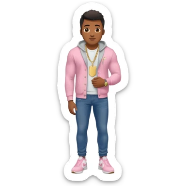 Handsome Black guy with brown skin tone, with muscular build, wearing dark denim jeans, a white t-shirt, pink and gray fuzzy cardigan, white Nike sneakers, a gold watch, and a dainty chain sticker