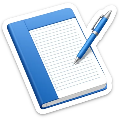 Front-facing notebook icon with a pen on the right side, minimal line-art, clean modern style, perfectly straight angle (no tilt), simple outlines, slightly 3D, no background, transparent, “documenting / journaling / tracking progress sticker