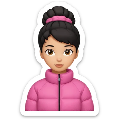 A caramel skinned girl that’s has puffy black hair with her hair up skinny and wears a pink puffer coatb sticker