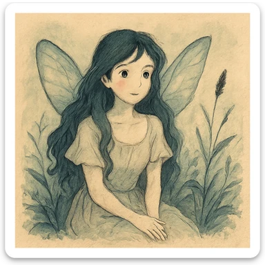 realistic whimsical black, blue and cream, natural colors, soft, fairy-like atmosphere, no background, square size sticker