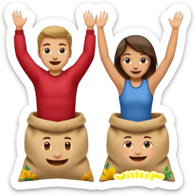 two people jumping in burlap sacks, one holding the sack, the other with arms raised in the air sticker