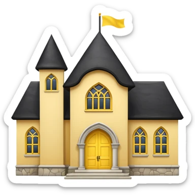 simple magic school, low detail, white background, magic school, black roof, with a big flag, big flag on a roof, big yellow flag, white school sticker