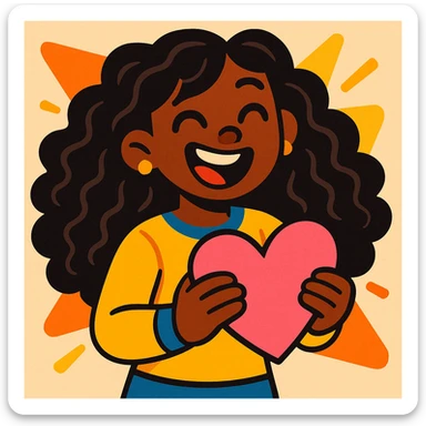 A cute black girl with long curly hair holding a pink heart, vibrant toon style, bright and lively colors, dynamic and fun sticker