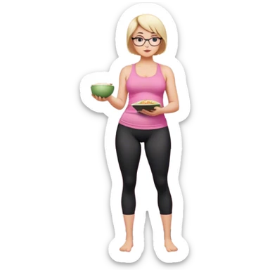 Full body view from the side, fair skinned woman, curvy, short blond hair, small reading glasses, cooking dinner in kitchen, pink loose tank top, showing natural B cup breast shape SFW, black yoga pants, large curvy booty sticker
